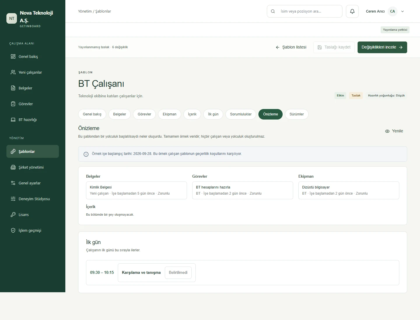 Şablon · Onboarding önizlemesi
